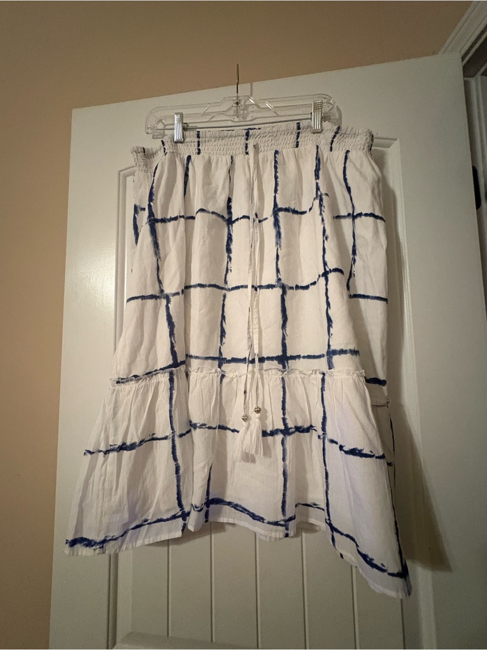 White Maxi Skirt with Blue Grid Print